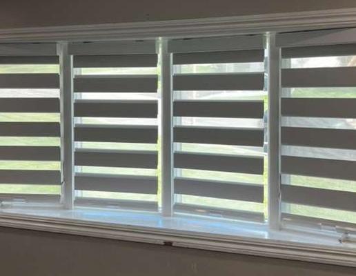 Zebra shades in a bay window